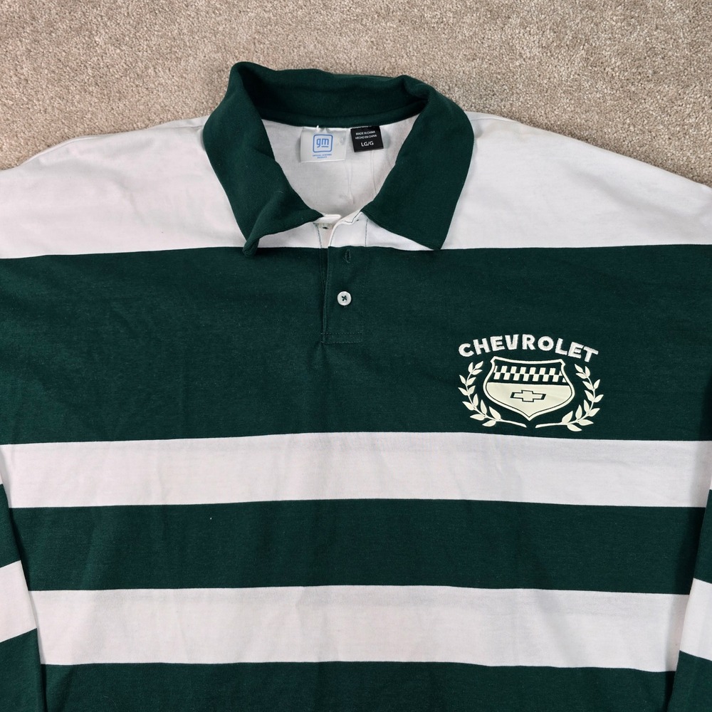 Mens Chevrolet Rugby Shirt Long Sleeve Green White‎ Stripe GM Licensed L